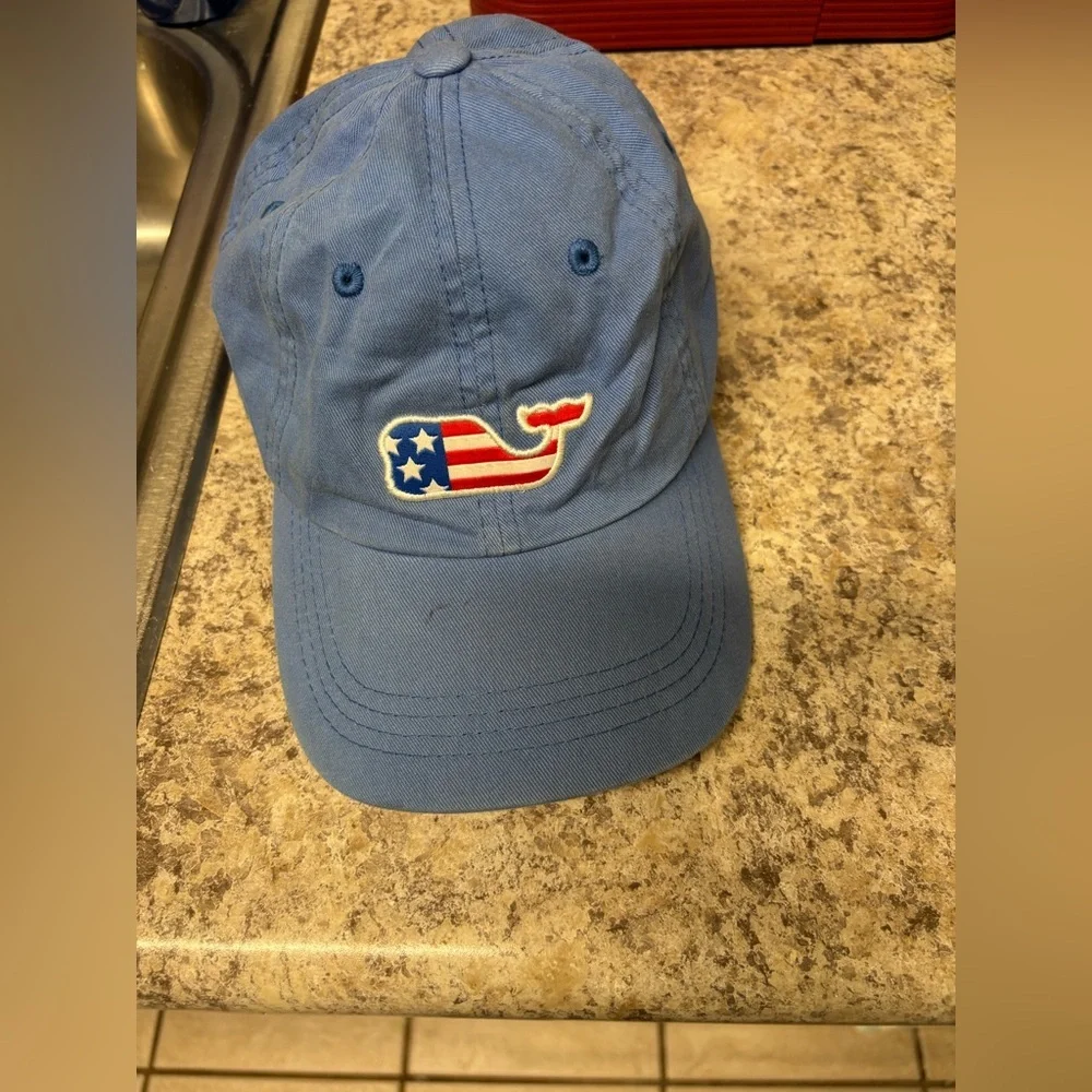 Vineyard Vines Light Blue Whale Logo Adjustable Baseball Hat Cap USA Flag